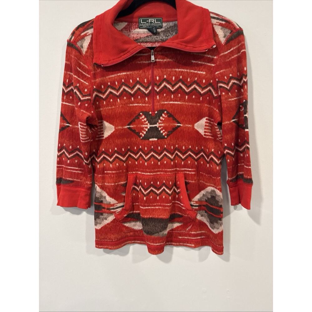 Lauren Ralph Lauren Aztec Red Quarter Zip 3/4 Sleeve Thermal Top Large - Picture 2 of 8